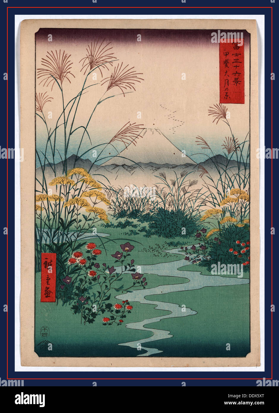 Kai outsuki no hara, Otsuki fields in Kai Province. 1858., 1 print : woodcut, color ; 36 x 24.8 cm., Print shows wild flowers Stock Photo