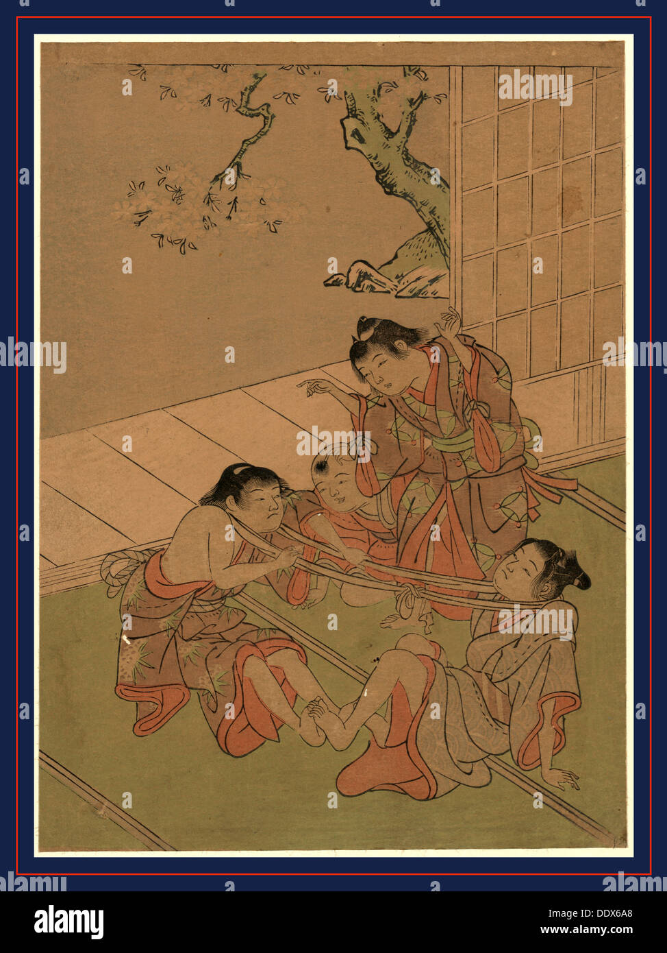 Kubihiki, Neck tug of war. [between 1770 and 1773], 1 print : woodcut, color ; 26.6 x 19.3 cm., Print shows two boys watching Stock Photo