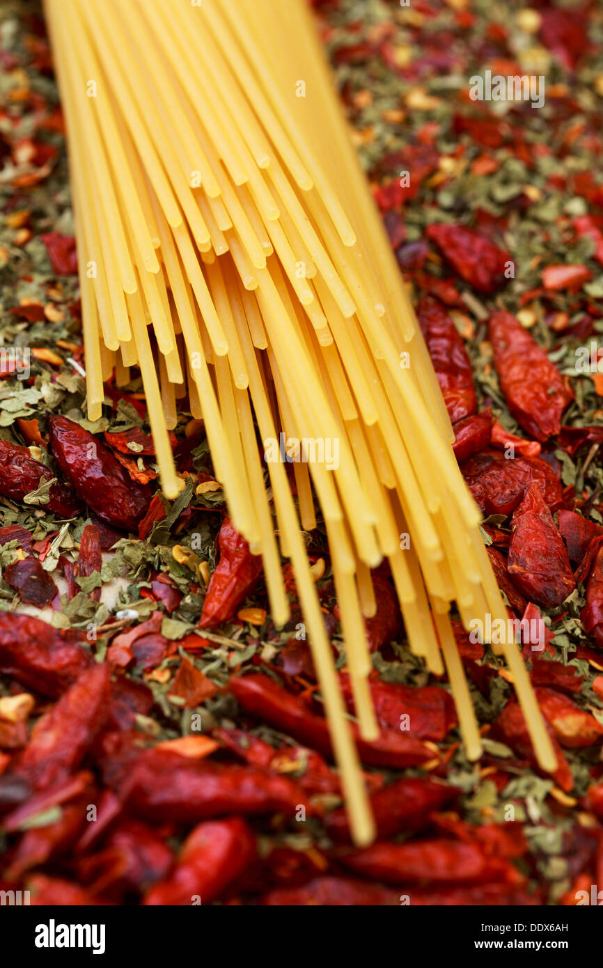 Ingredients for "Aglio olio e peperoncino" Stock Photo