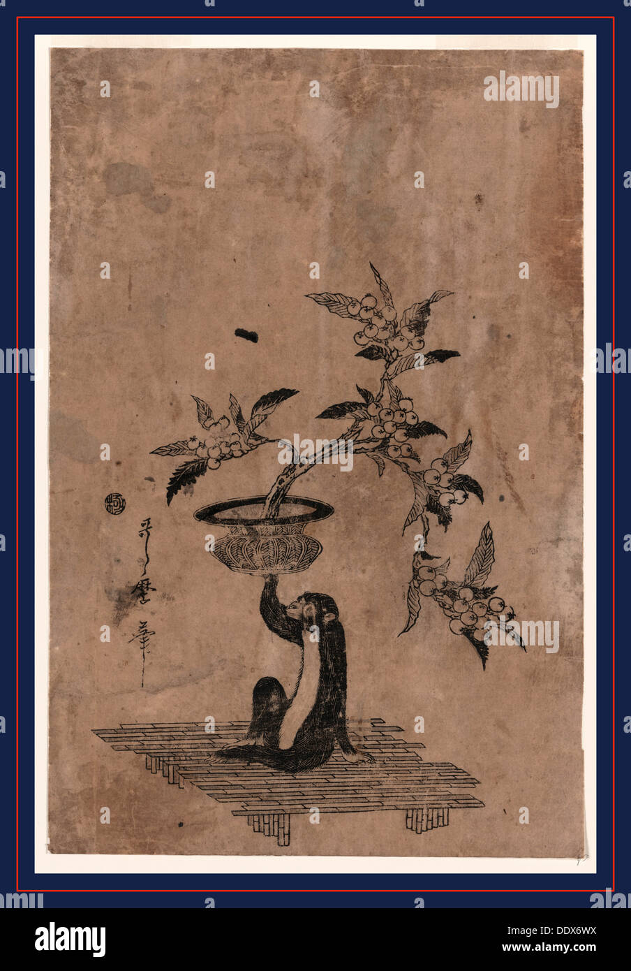 Saru no hanaike ni biwa Monkey holding a potted loquat. Utamaro II, -approximately 1831 [between 1807 and 1812], 1 print : Stock Photo