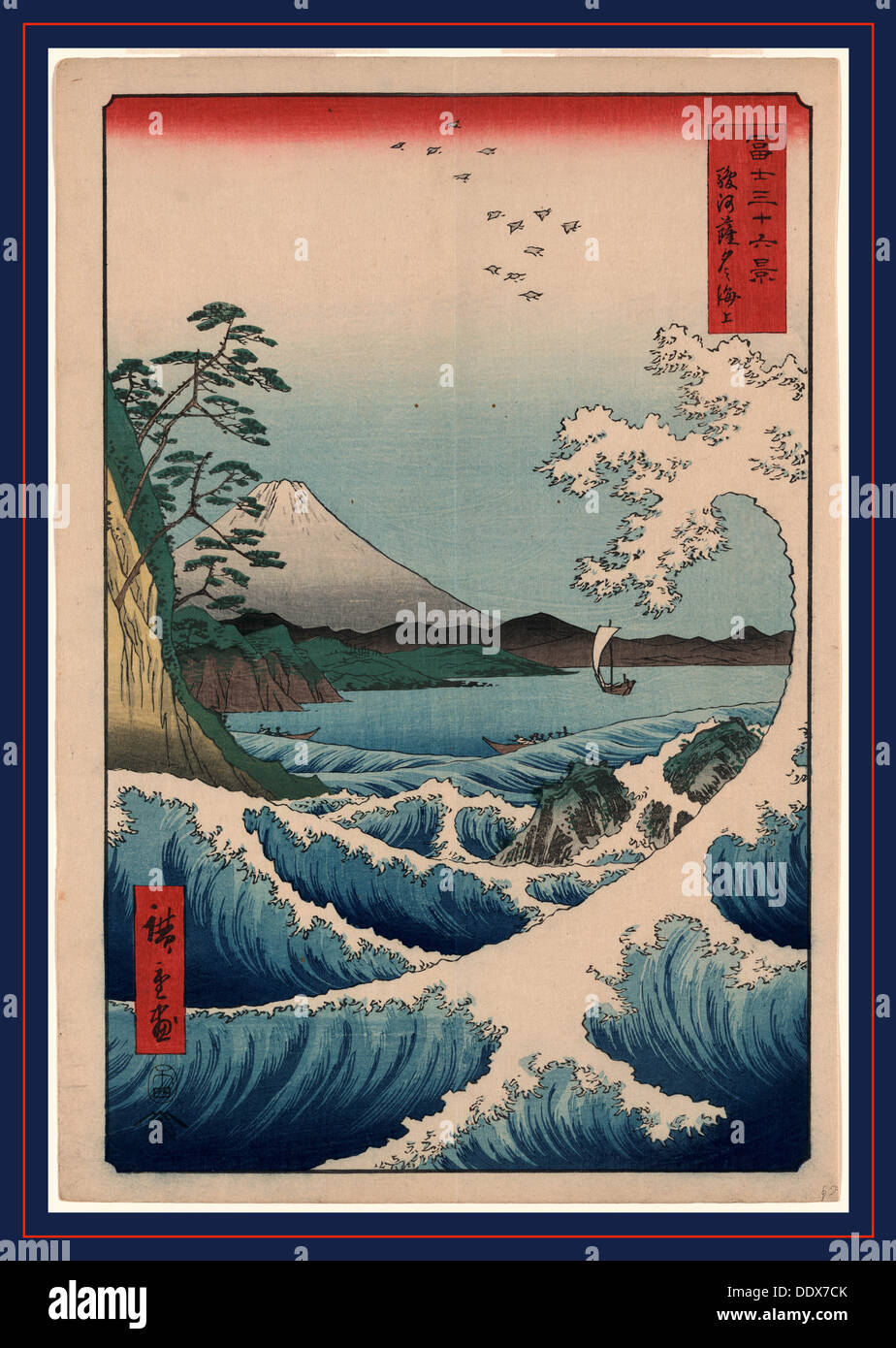 Suruga Satta no kaijo, Sea at Satta in Suruga Province. [Tokyo] : Tsuta-ya Kichizo, 1858., 1 print : woodcut, color ; 35.9 x Stock Photo