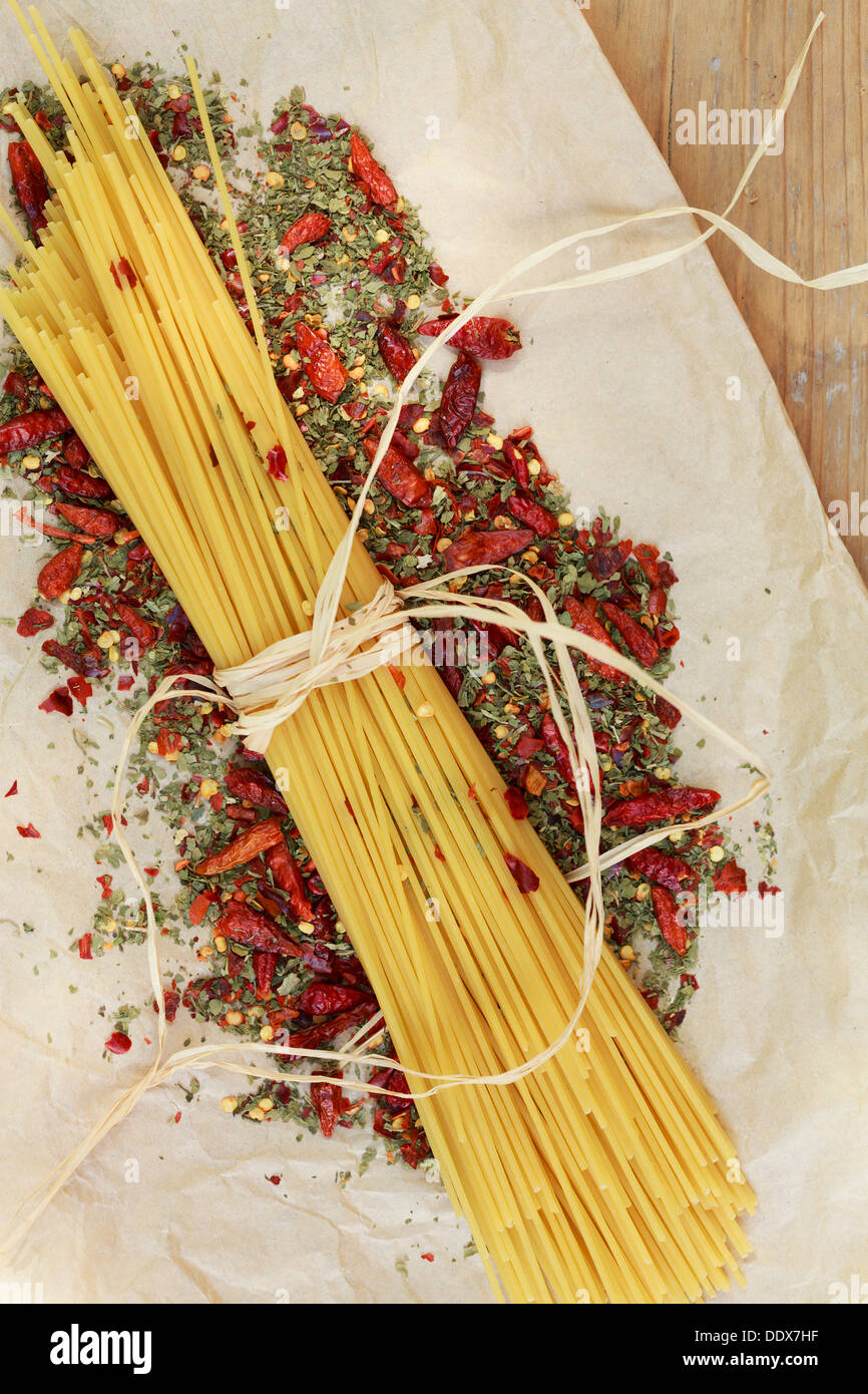 Ingredients for "Aglio olio e peperoncino" Stock Photo