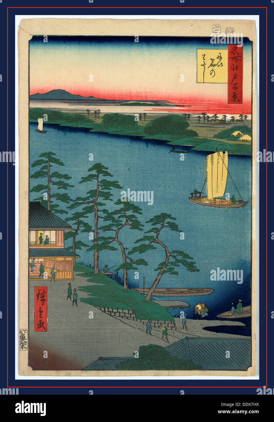 Niijuku no watashi, Niishuku Ferry. 1857., 1 print : woodcut, color ; 36.3 x 23.9 cm., Print shows the terminal at the Niijuku Stock Photo