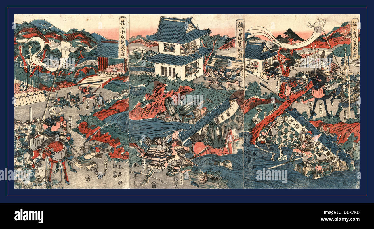 Nanko akasaka rojo no zu, The warrior Kusunoki barricading himself into Akasaka Castle. 1809., 1 print (3 sheets) : woodcut, Stock Photo