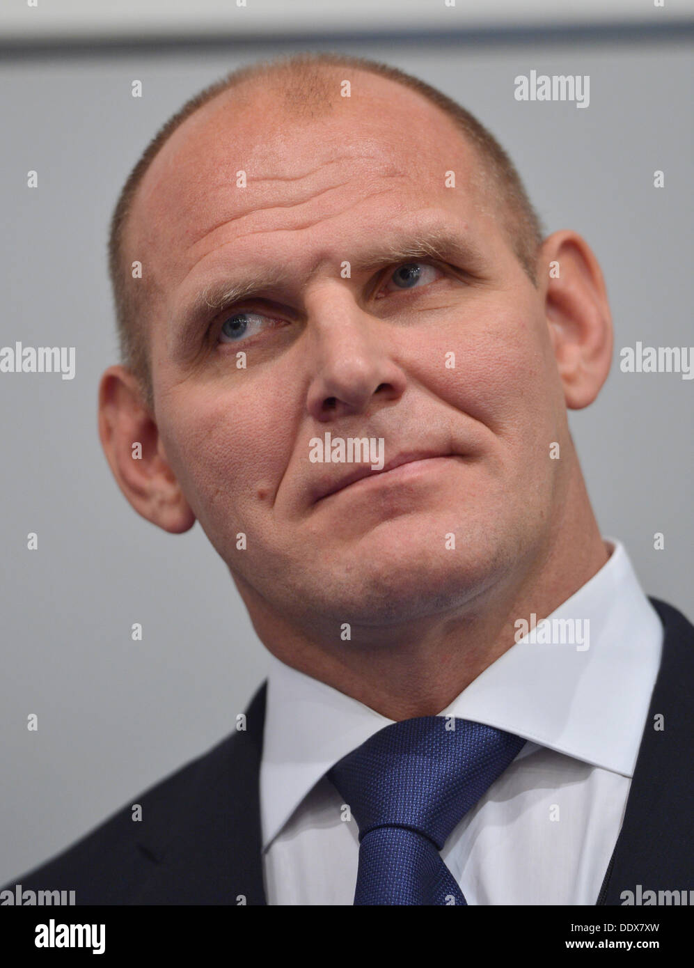 Buenos Aires, Argentina. 08th Sep, 2013. Three times Olympic gold medalist Alexander Karelin from Russia looks up during a press conference of the International Federation of Associated Wrestling Styles (FILA) at the125th IOC Session at the Hilton hotel in Buenos Aires, Argentina, 08 September 2013. Photo: Arne Dedert/dpa/Alamy Live News Stock Photo