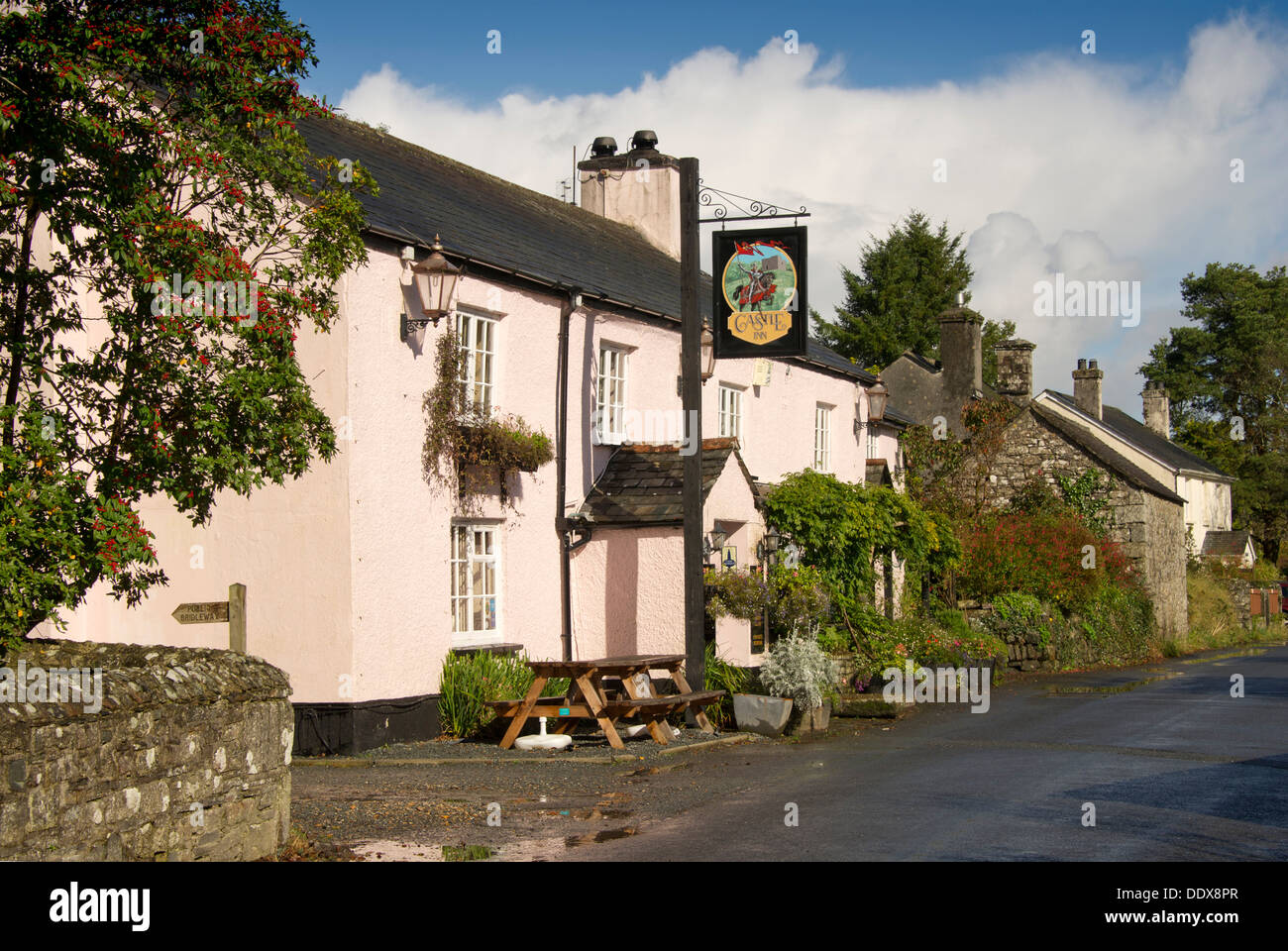 Lydford, Devonshire, UK showing the parish church, the castle and the Castle Inn. Stock Photo