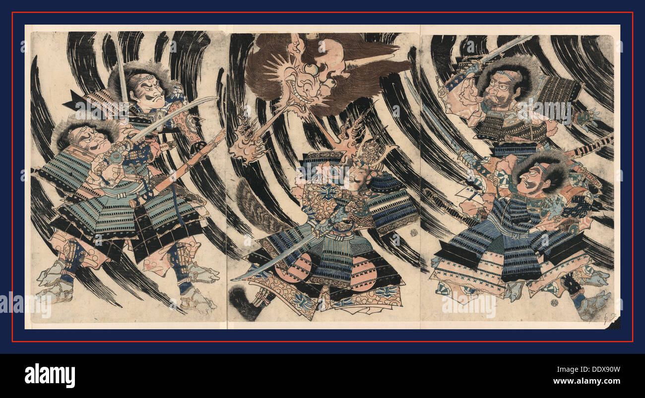 Raiko sitenno to shutendoji no kubi, Minamoto Yorimitsu (Raiko Sitenno) and the head of the demon Shutendoji. Print shows Stock Photo