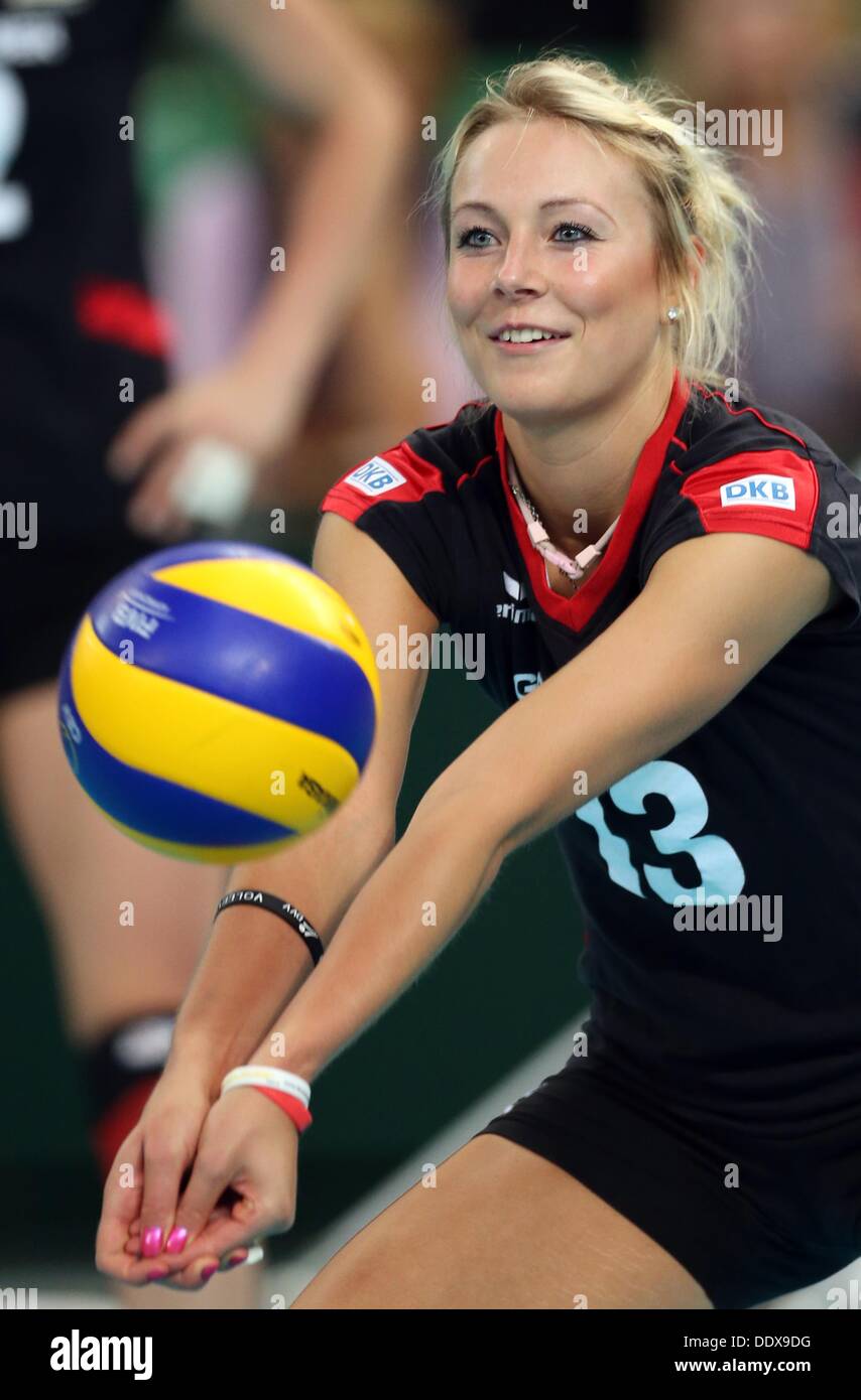 Saskia Hippe of Germany in action during their women's CEV Volleyball  European Championship Group A match between Turkey and Germany at Gerry  Weber Stadium in Halle/Westphalia, Germany, 08 September 2013. Photo: Friso