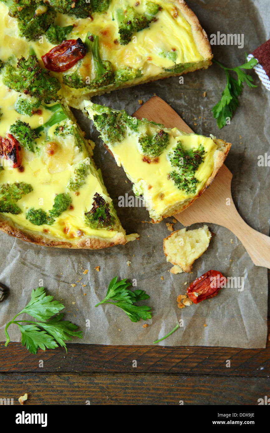 quiche with broccoli cut into pieces, top view Stock Photo - Alamy