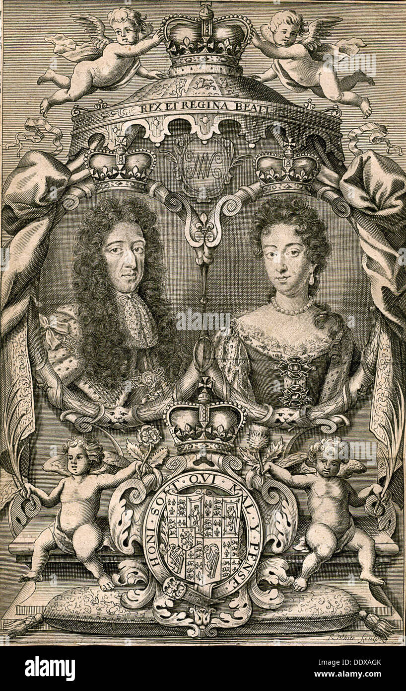 Engraving of King William III and his wife Queen Mary who shared the English monarchy in the late 17th century. Stock Photo