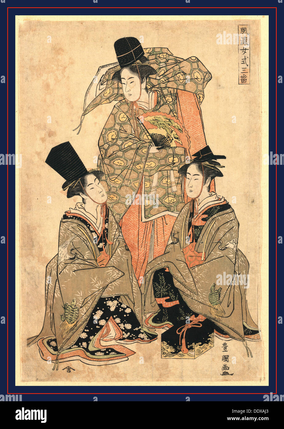 Furyu onna shikisanba, Utagawa [1788 or 1789], 1 print : woodcut, color ; 37.8 x 25.5 cm., Print shows three women (or the male Stock Photo