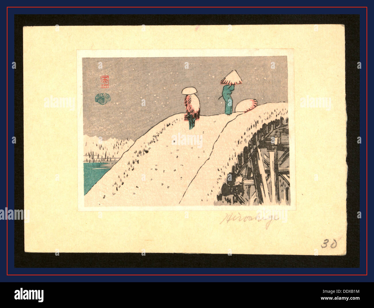 Fukeiga, Ando, Hiroshige, two people crossing a steep snow-covered bridge. Stock Photo