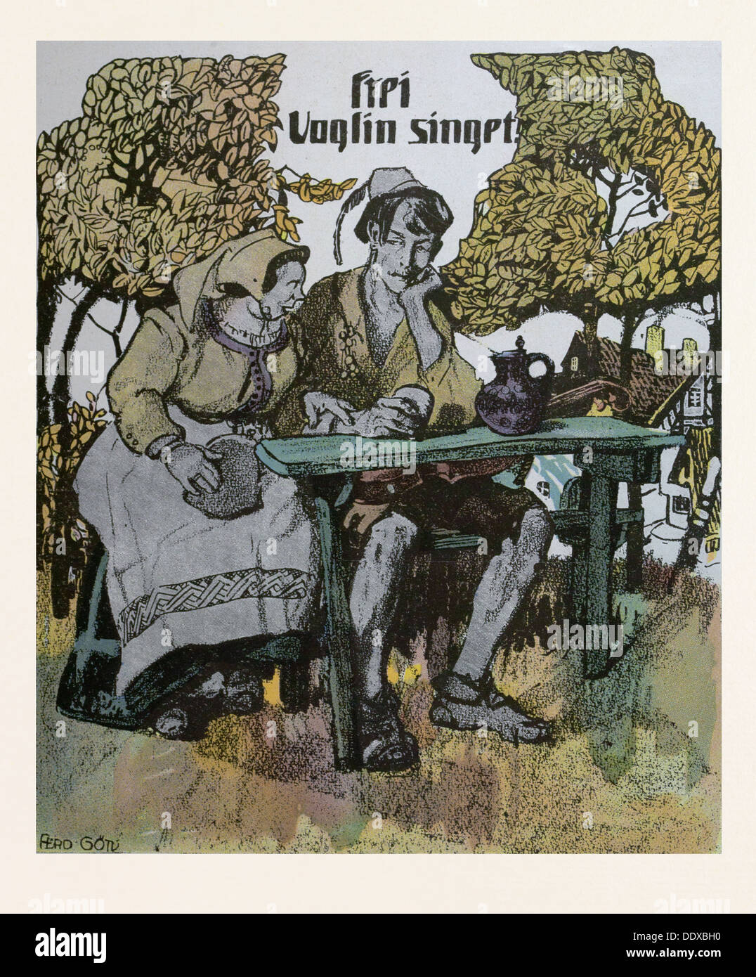Frei voglin singet  by Ferdinand Gotz, 1874-1936, German. In the garden, drinking, man, woman, outdoors, folk dress, talking Stock Photo