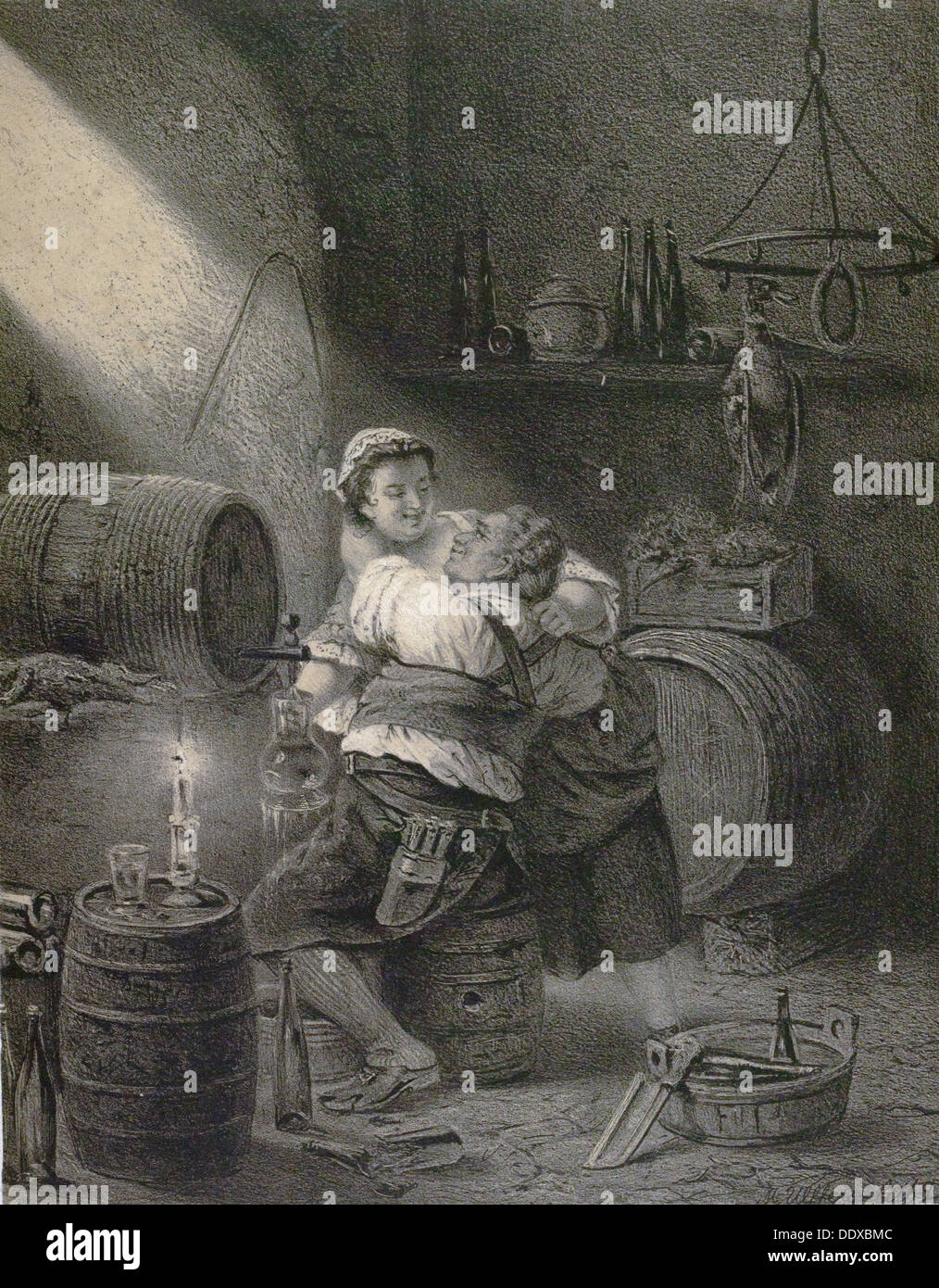 Love in the winecellar, barrel, wine, man, woman, male, female, barrel, bottle, glass, candle, 19th century, food and drink Stock Photo