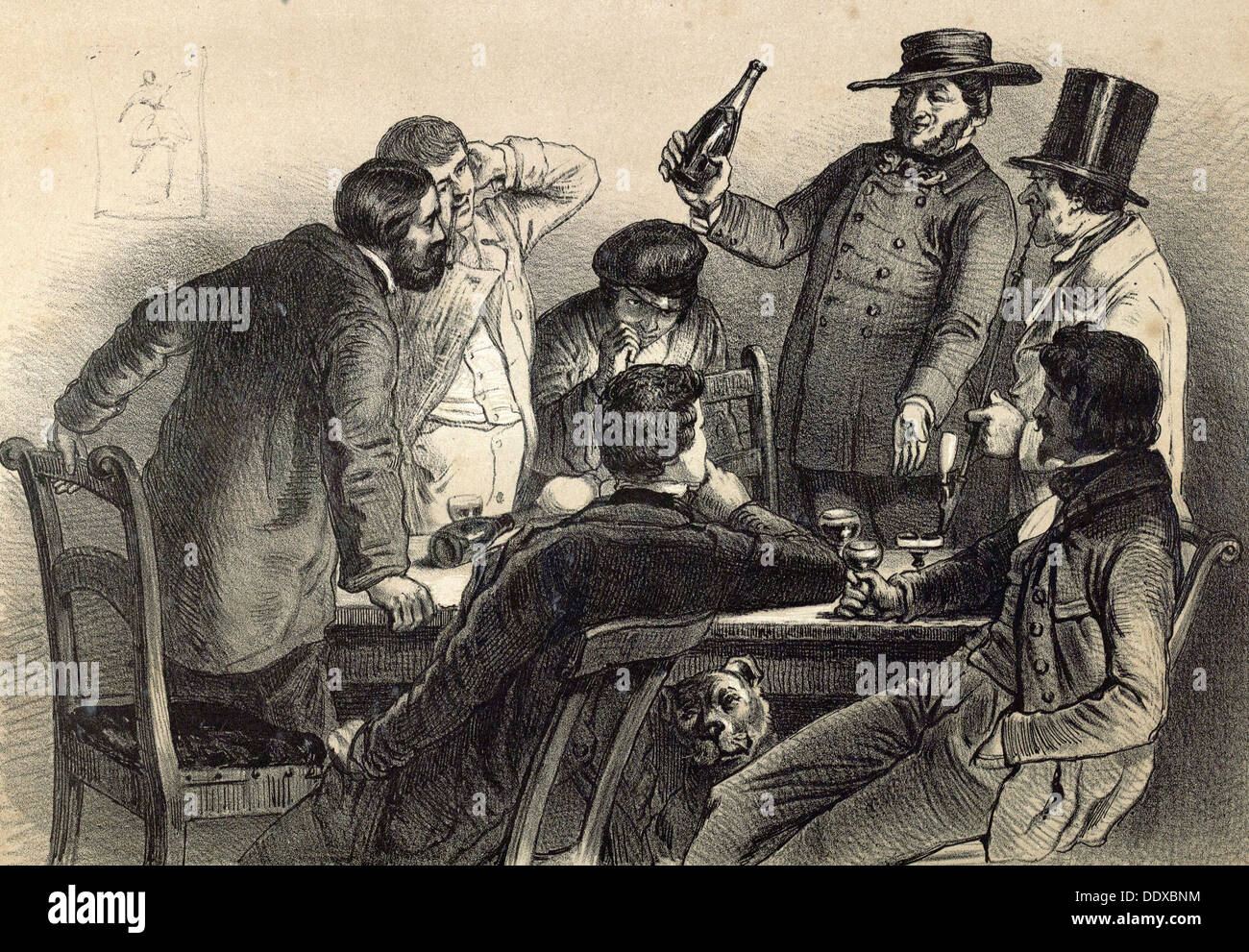 Drinking the bottles in Germany, 19th century lithography, wine, wine glass, wine-bottle, alcohol, alcoholic, men, dog, glasses Stock Photo