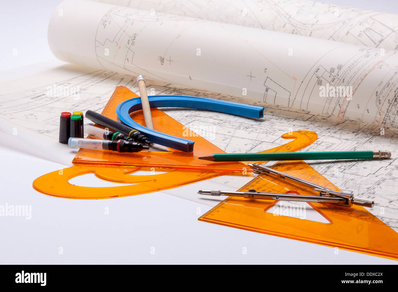Design, project and measuring devices on white background Stock Photo ...