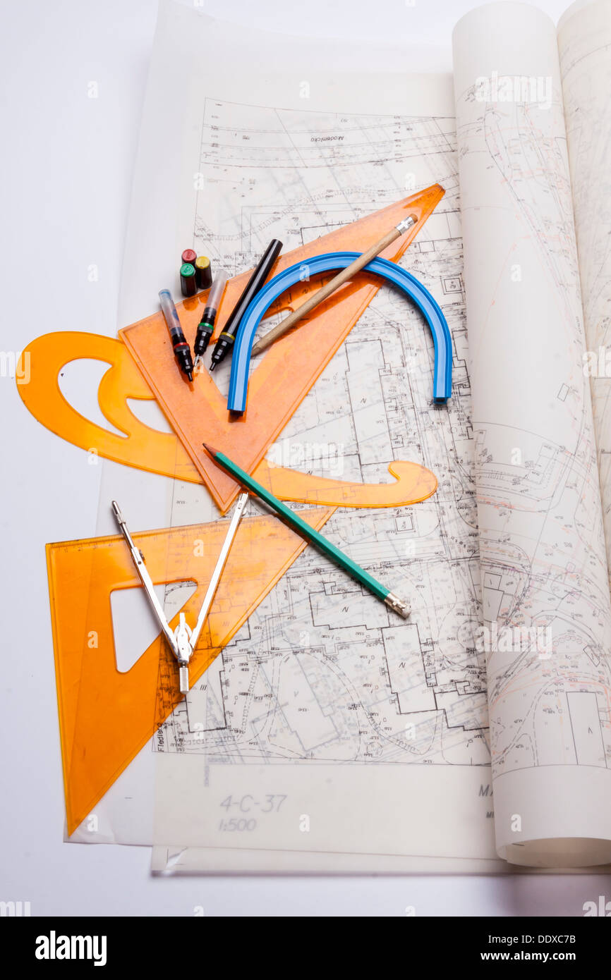 Design, project and measuring devices on white background Stock Photo ...