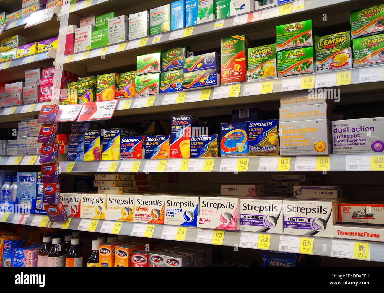 Cold and Flu relief medicines on sale in a UK supermarket Stock Photo