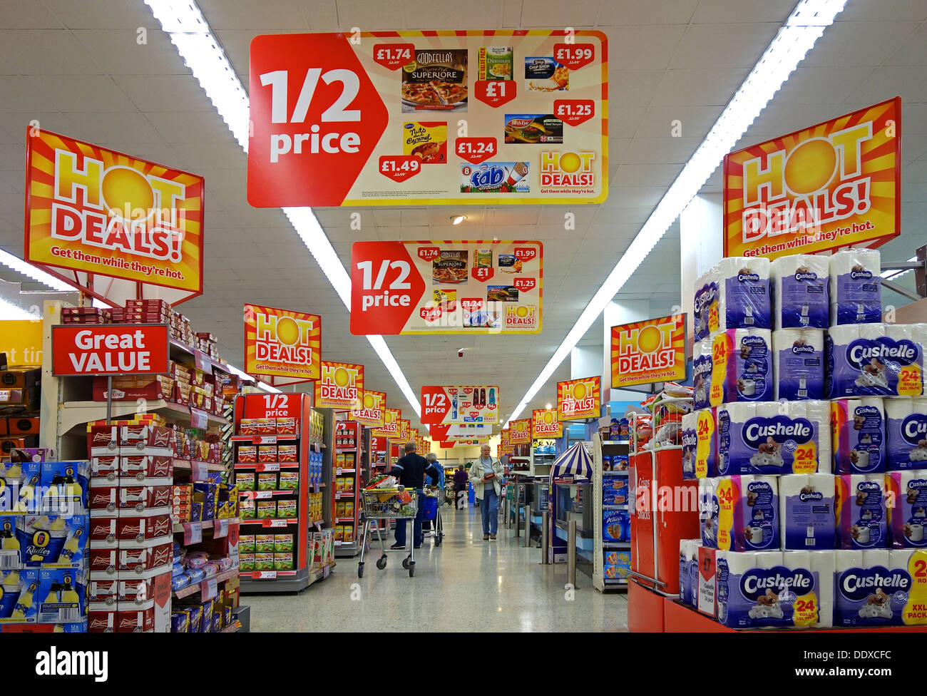 Offers and deals signs in a Morrisons supermarket Stock Photo