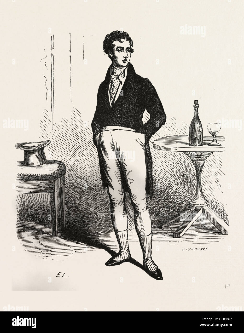 Francois Picaud, Alexandr Dumas, 19th century, liszt gourmet archive, bottle, glass, table, man, hat Stock Photo