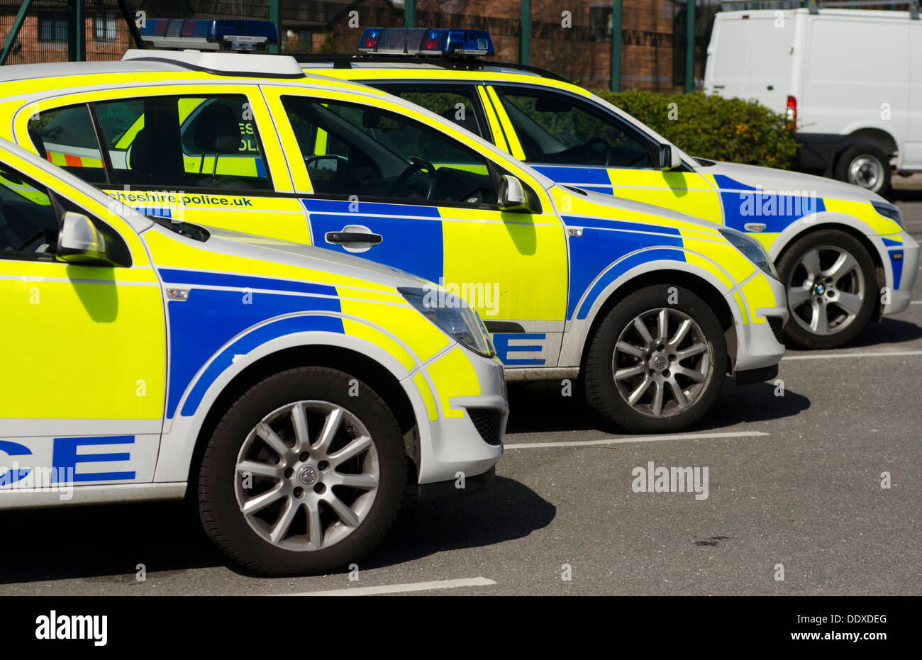 Police cars lined up in a car park, showing vivid fluorescent  yellow and blue markings. Stock Photo