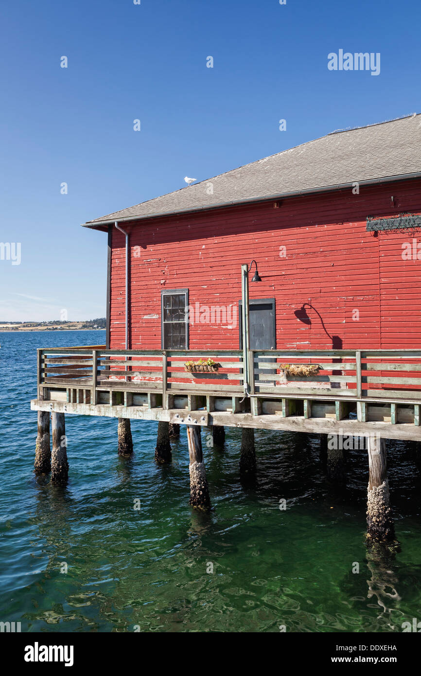 Building built on a pier, Whidbey Island, Puget Sound, Washington Stock Photo