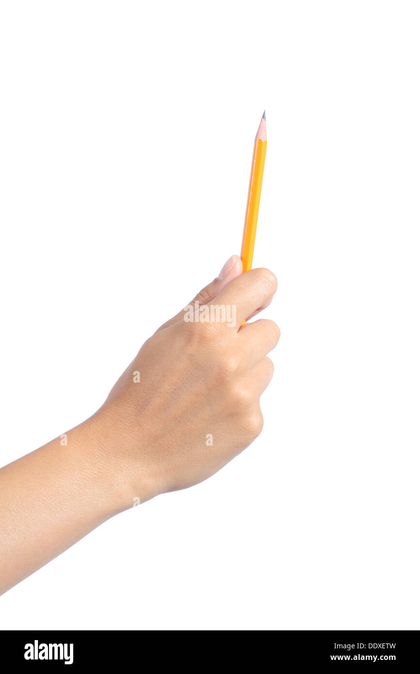 Woman hand holding a pencil isolated on a white background Stock Photo
