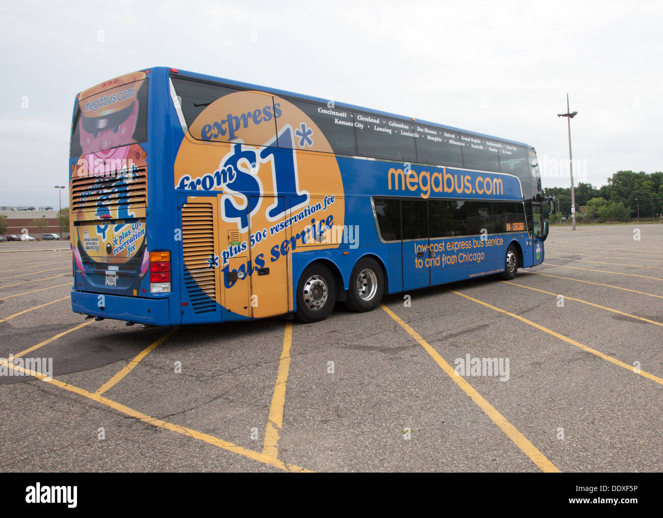 Megabus leaving the Midway area parking lot in St Paul Minnesota for a