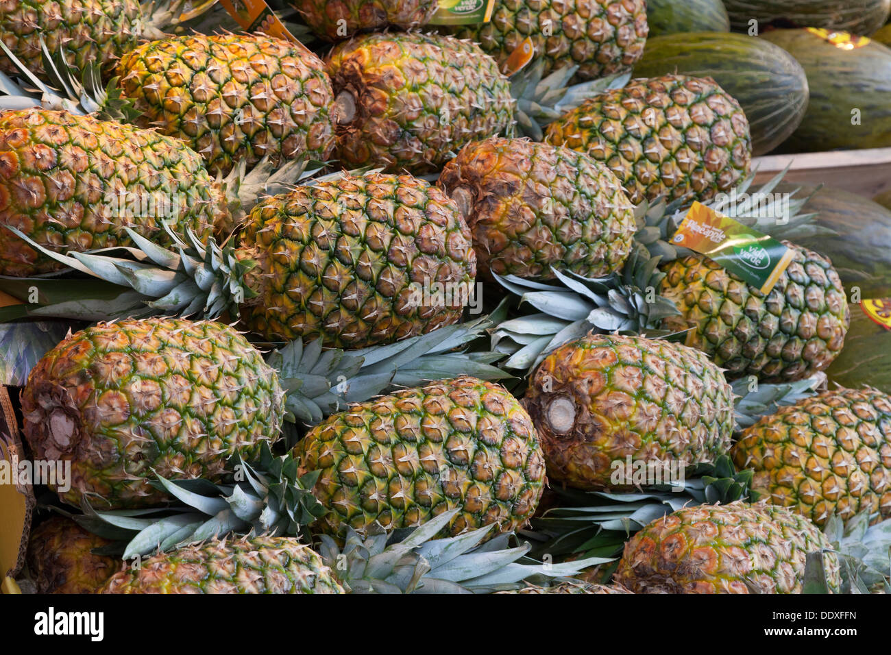 Fresh pineapples and melons for sale at Mercado de San Miguel Stock