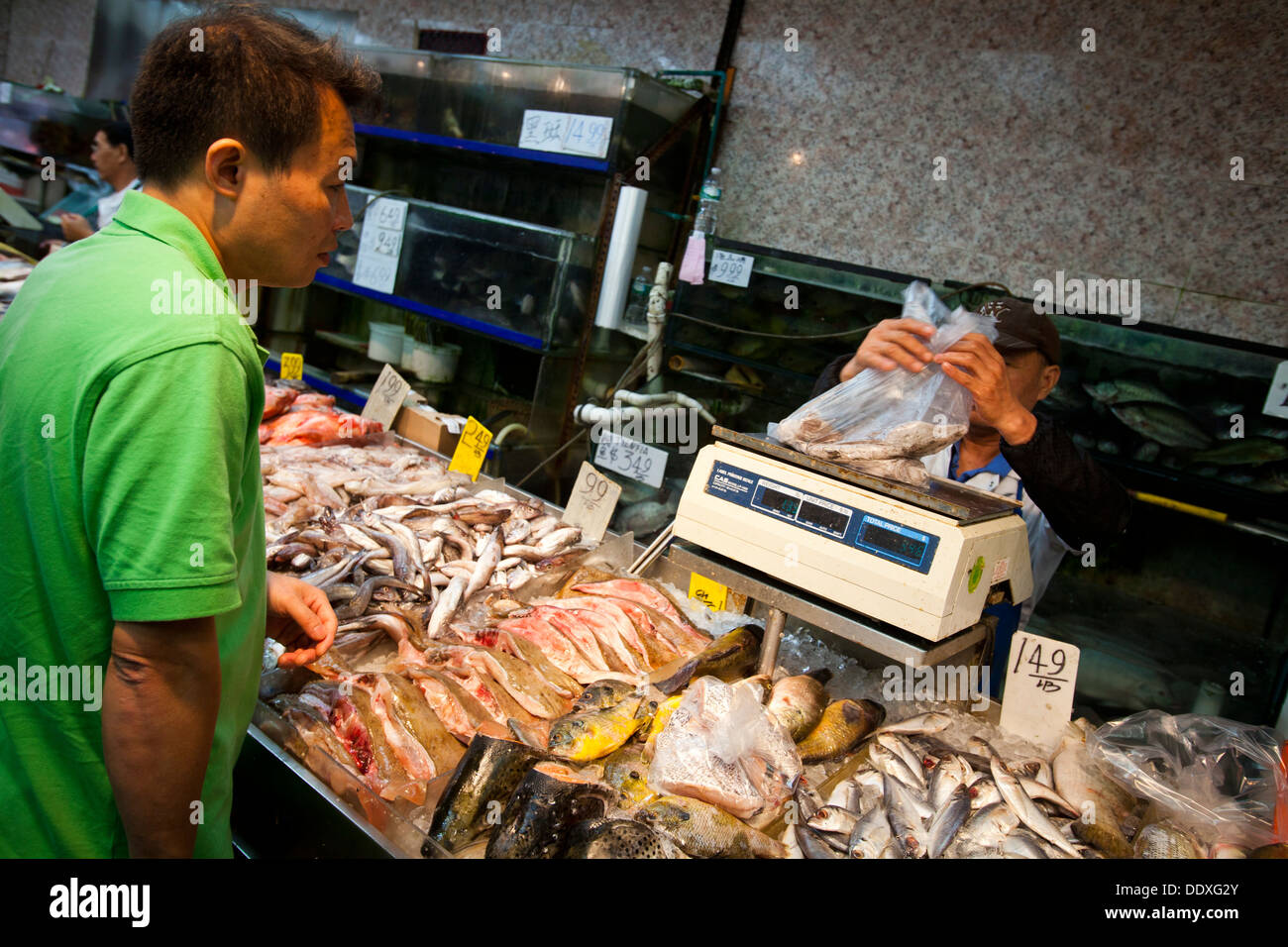 Fish and seafood market, East Broadway, Chinatown, New York, United States of America Stock Photo