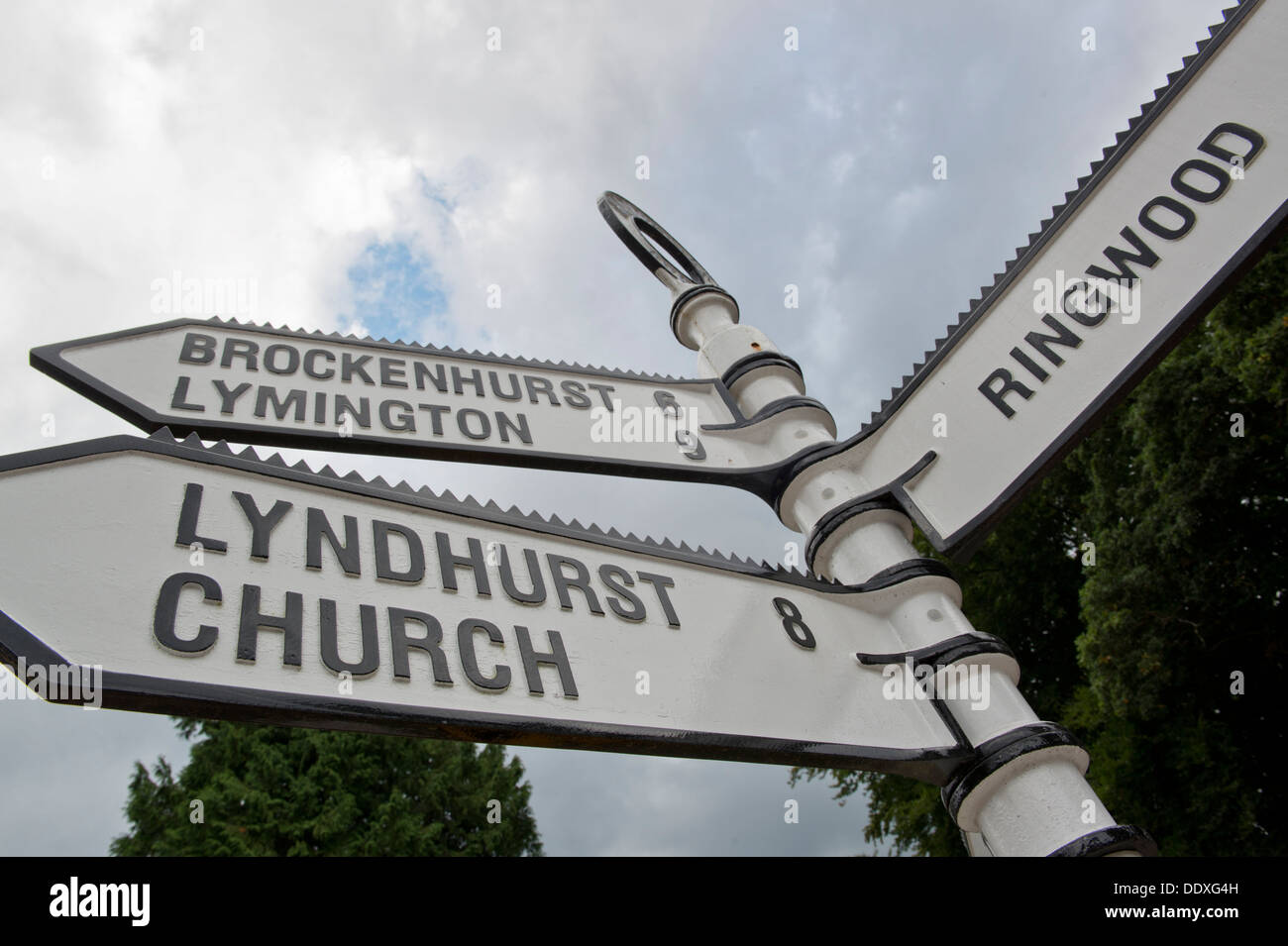An old-fashioned road sign in the New Forest National Park in the county of Hampshire in England. Stock Photo