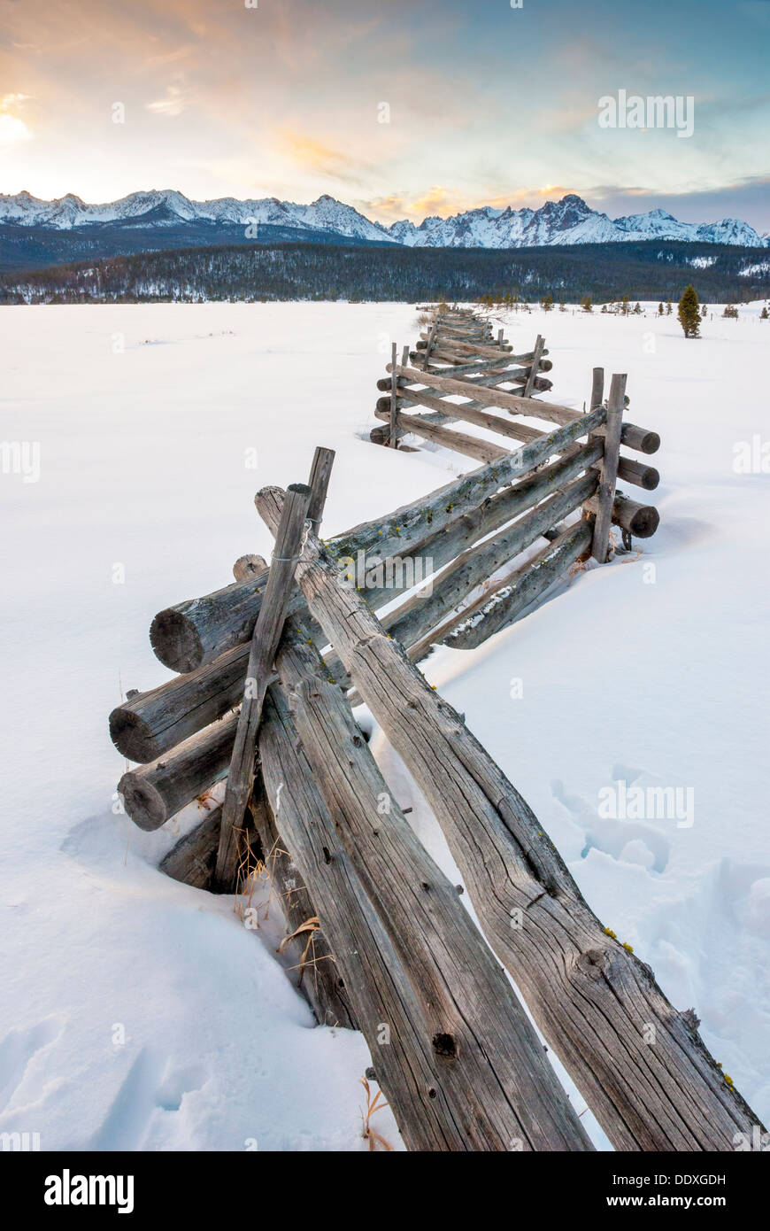 Old fence made of logs winter with snow Stock Photo - Alamy