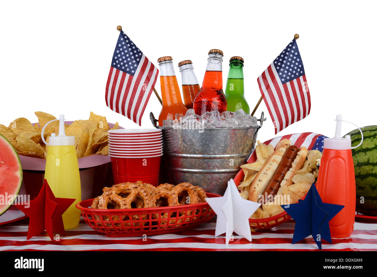 A picnic table set up with a Fourth of July theme. Horizontal format