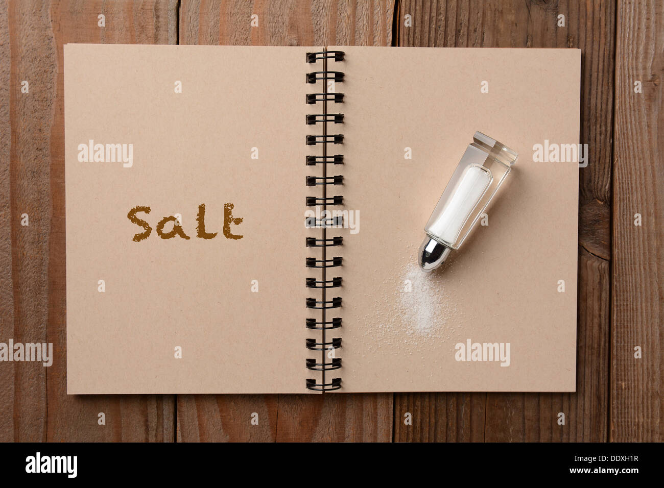 A salt shaker on the blank page of a notebook. The opposite page has the word salt spelled out. Stock Photo