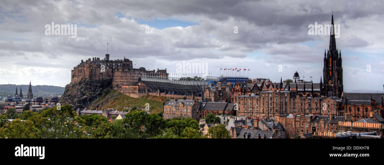 Moody panorama view of Edinburgh Castle over the city centre, Scotland, UK EH1 Stock Photo