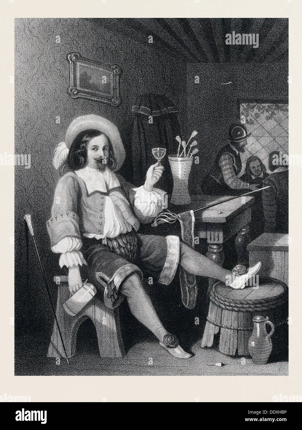 man drinking wine, wine glass, jug, hat, walking stick, interior, pub, sword, elegant, helmet