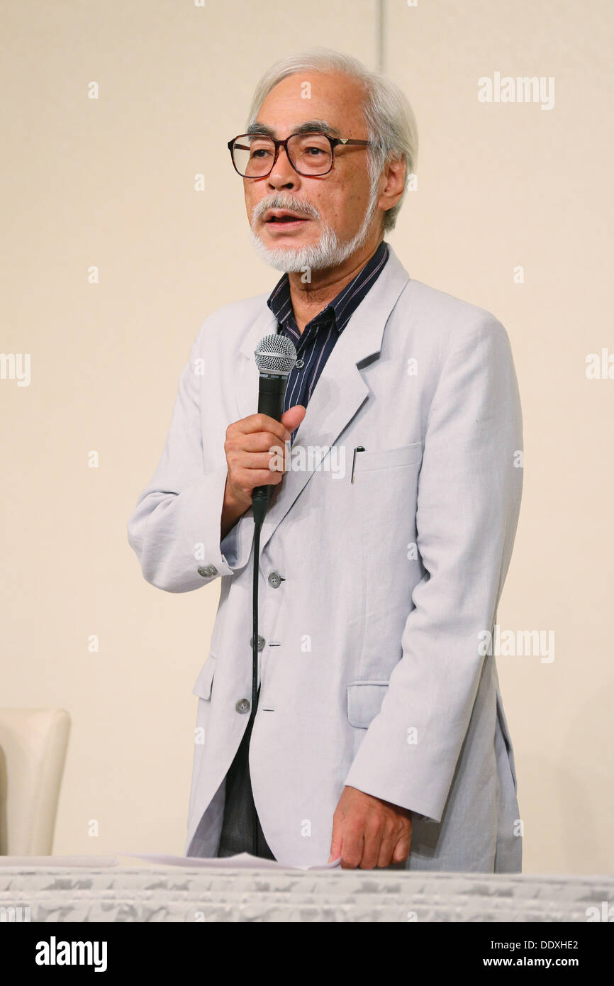 Hayao Miyazaki, September 6, 2013, Tokyo, Japan: Director Hayao Miyazaki announces his retirement from the animation industry during a press conference in Tokyo, Japan. Miyazaki co-founded studio Ghibli in 1985, after working for Toei Animation. His first movie was Laputa: Castle in the Sky from 1986; since then he worked personally on 11 feature movies. His last movie The Wind Rises(Jap: Kaze-tachinu) which is already a box office hit in Japan, was presented at Venice Film Festival last Sunday September 1st and will be screened worldwide. The movie, about the Japanese aircraft designer Jiro H Stock Photo