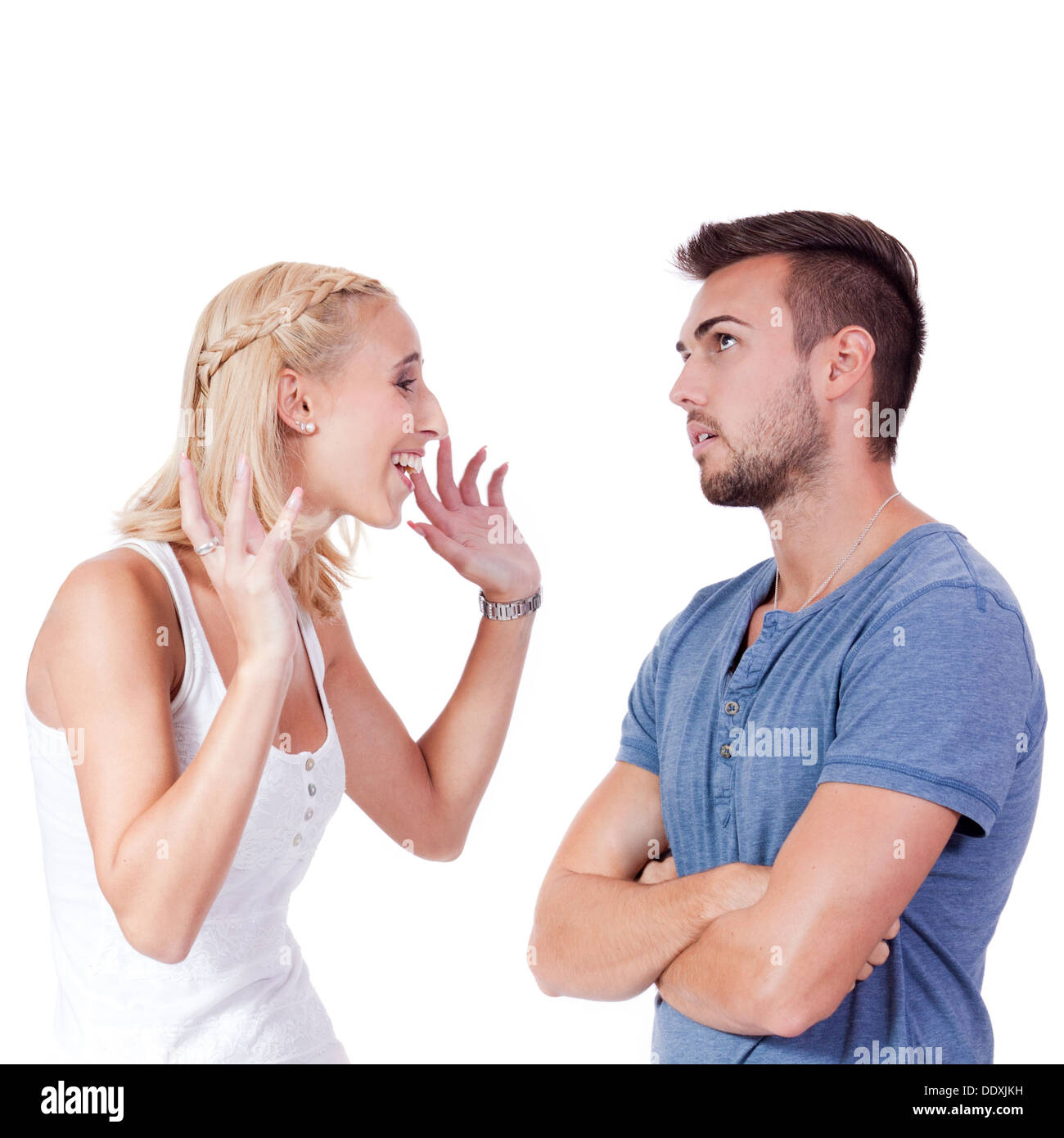 young attractive couple conflict angry problem isolated on white background Stock Photo