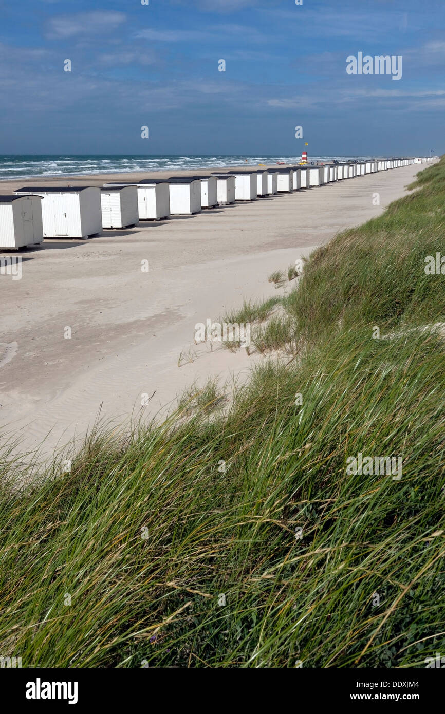 Bathhouses at the Danish west coast near Loekken. Denmark. Stock Photo