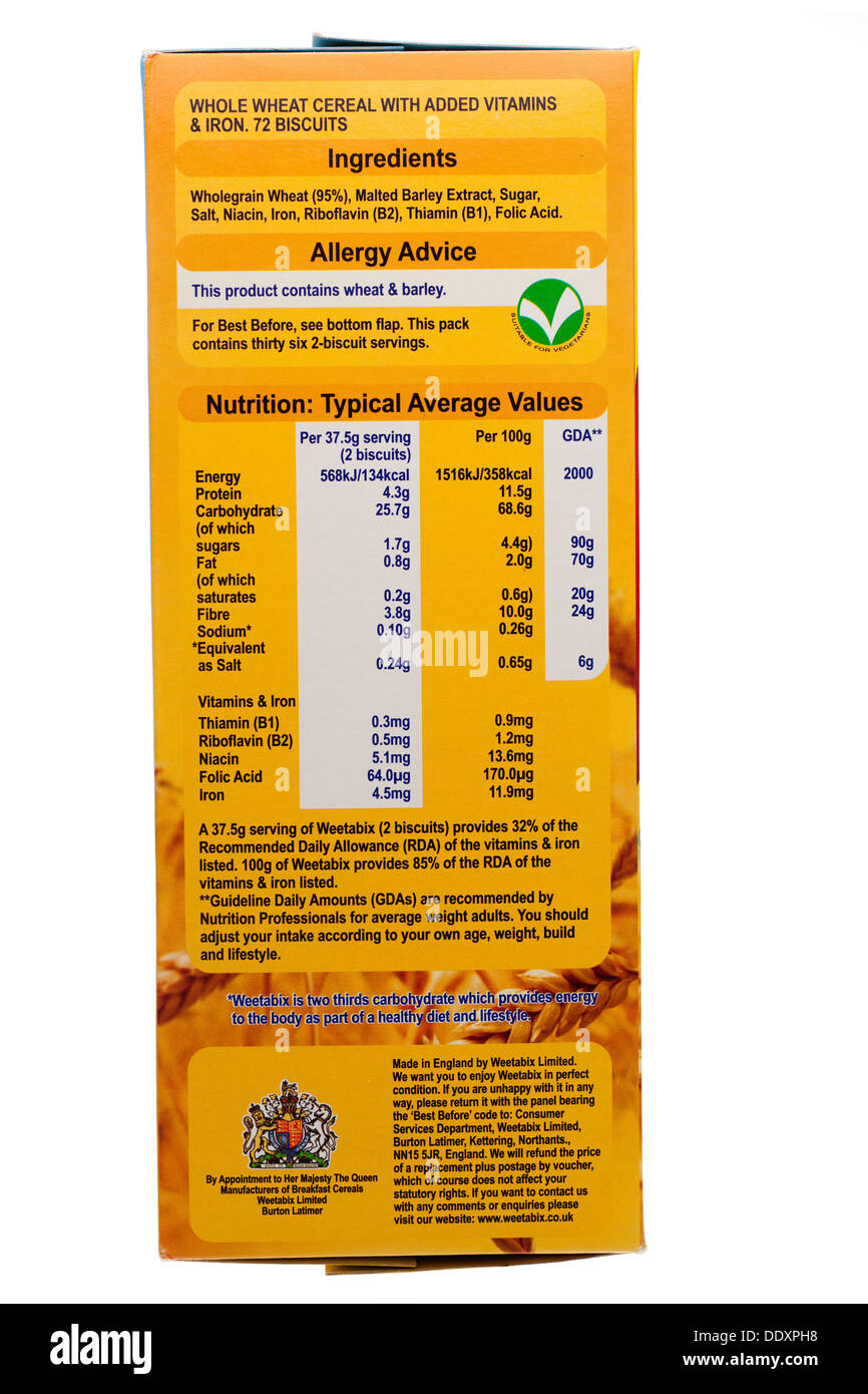 Ingredients allergy advice RDA nutrition GDA and serving recommendation label Stock Photo