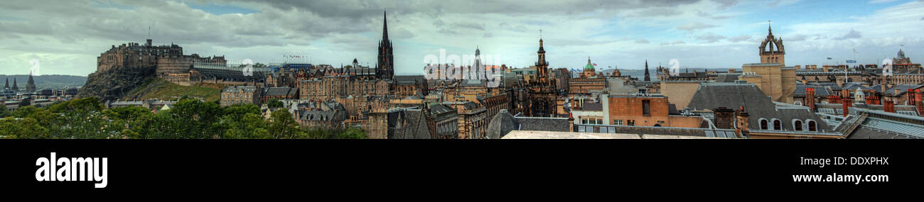 Panorama across city of Edinburgh, from castle to St Giles Kirk, Royal Mile, Scotland, UK Stock Photo