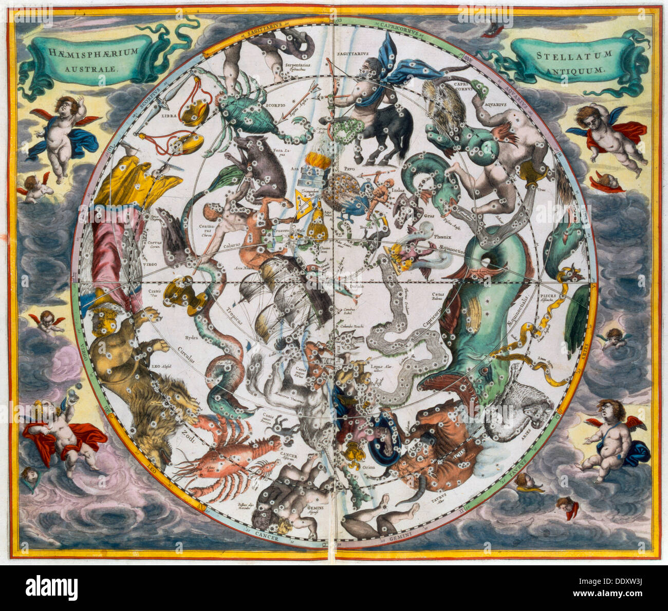 Map of the celestial Southern Hemisphere, 1660-1661. Artist: Andreas Cellarius Stock Photo