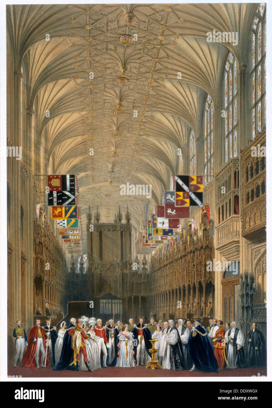 Queen Victoria and Prince Albert at a service in St George's Chapel, Windsor Castle, 1838. Artist: James Baker Pyne Stock Photo