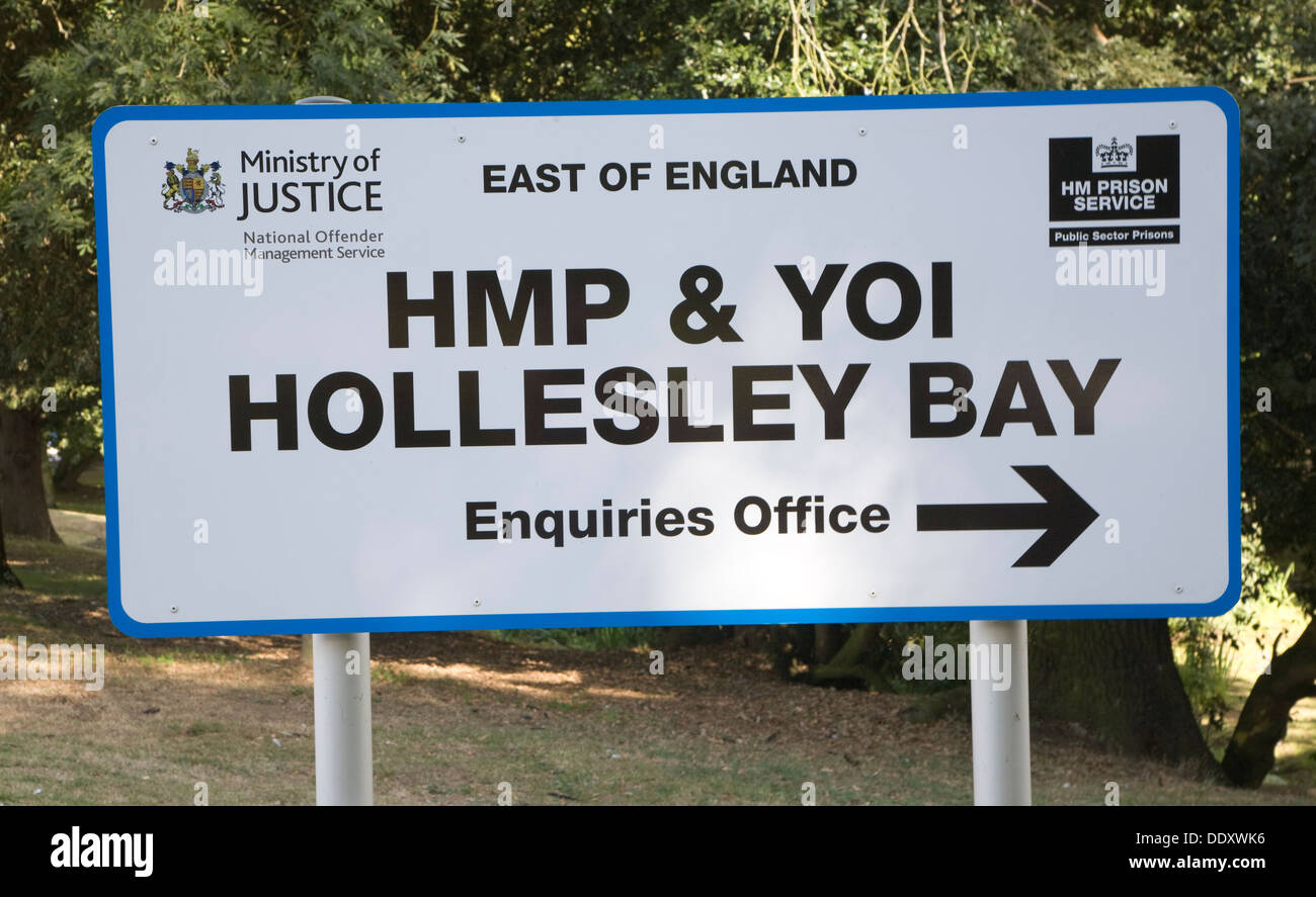 Hollesley Bay prison and Young Offender Institution sign Hollesley, Suffolk, England Stock Photo