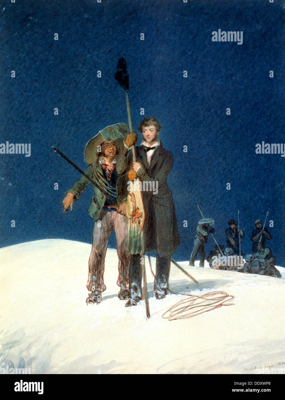 Charles Fellows with William Hawes, plants a baton on the summit of Mont Blanc, 1827. Artist: WS Hastings Stock Photo