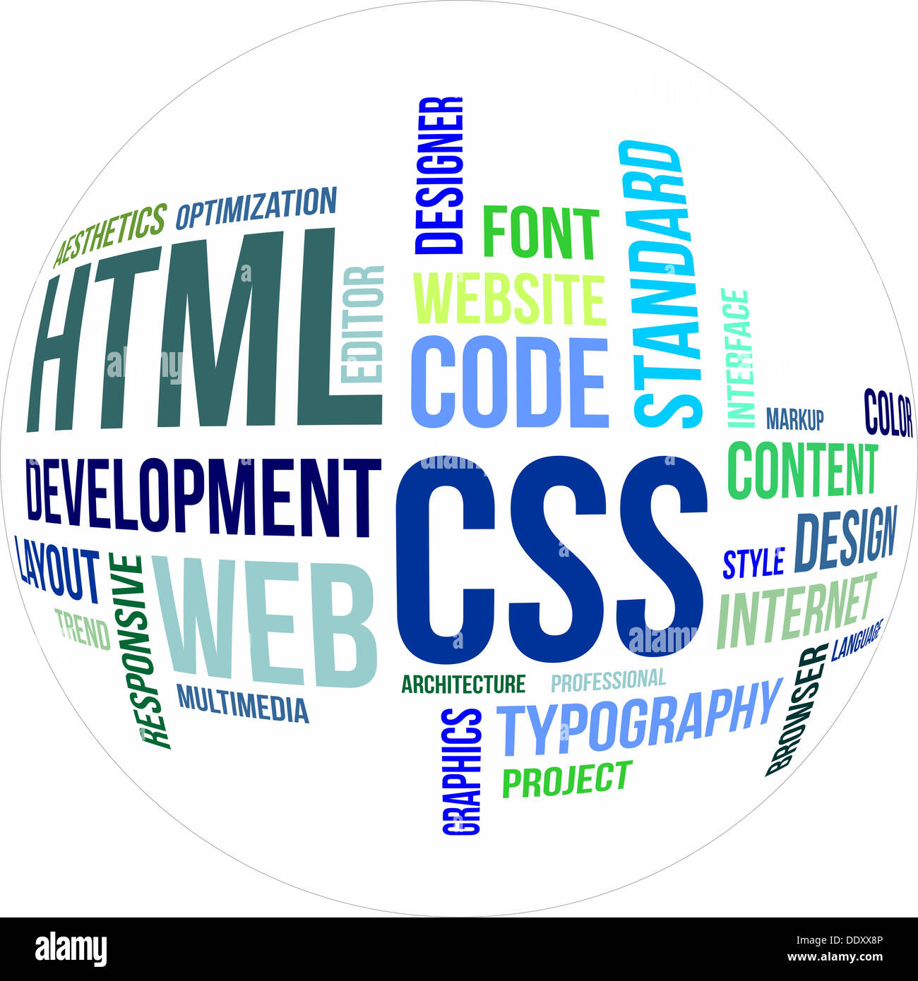 A word cloud of html and css related items Stock Photo