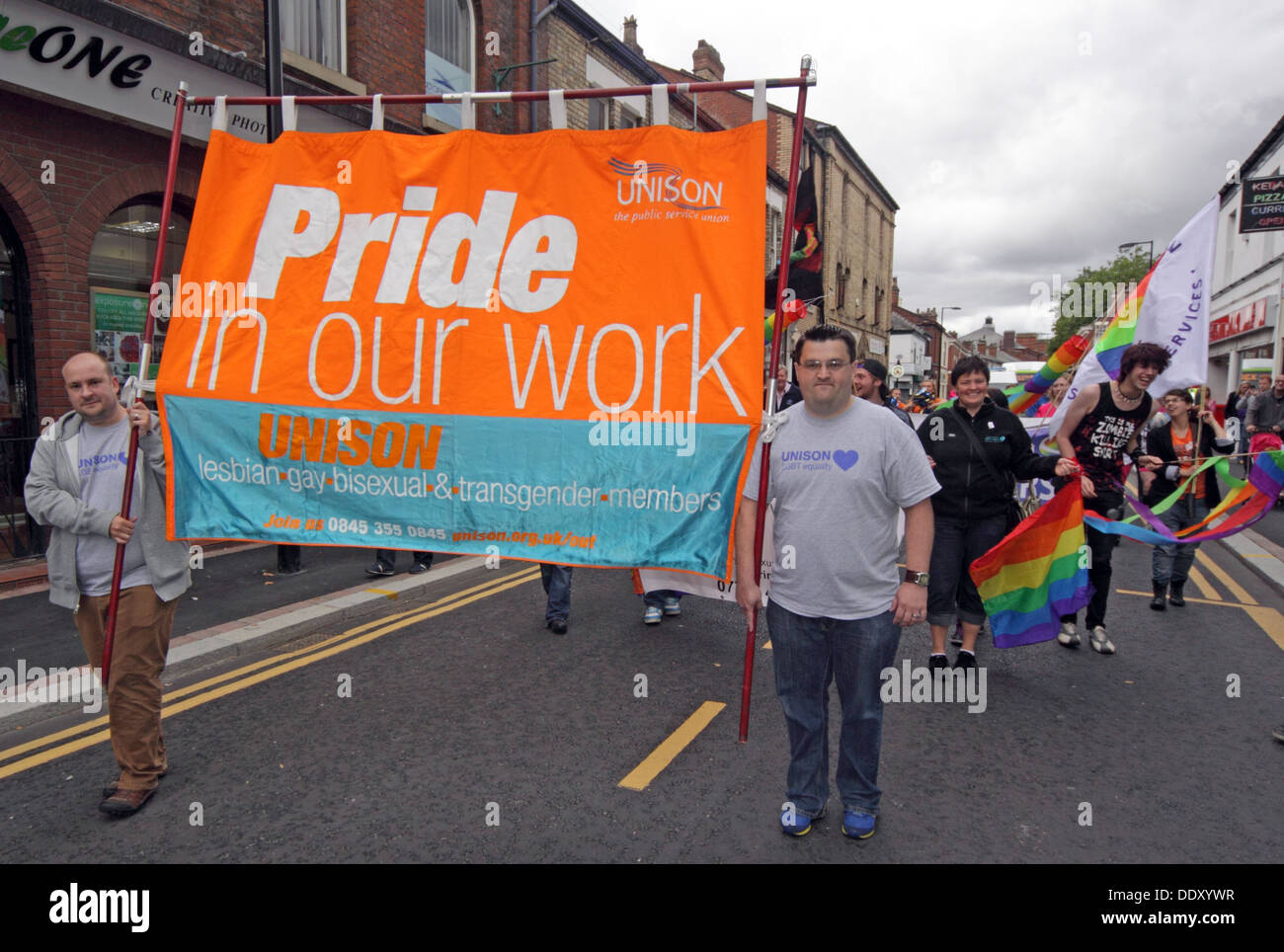 Unison 'Pride in Our Work' banner at Warrington Pride September 2013 Cheshire England UK WA1 Stock Photo