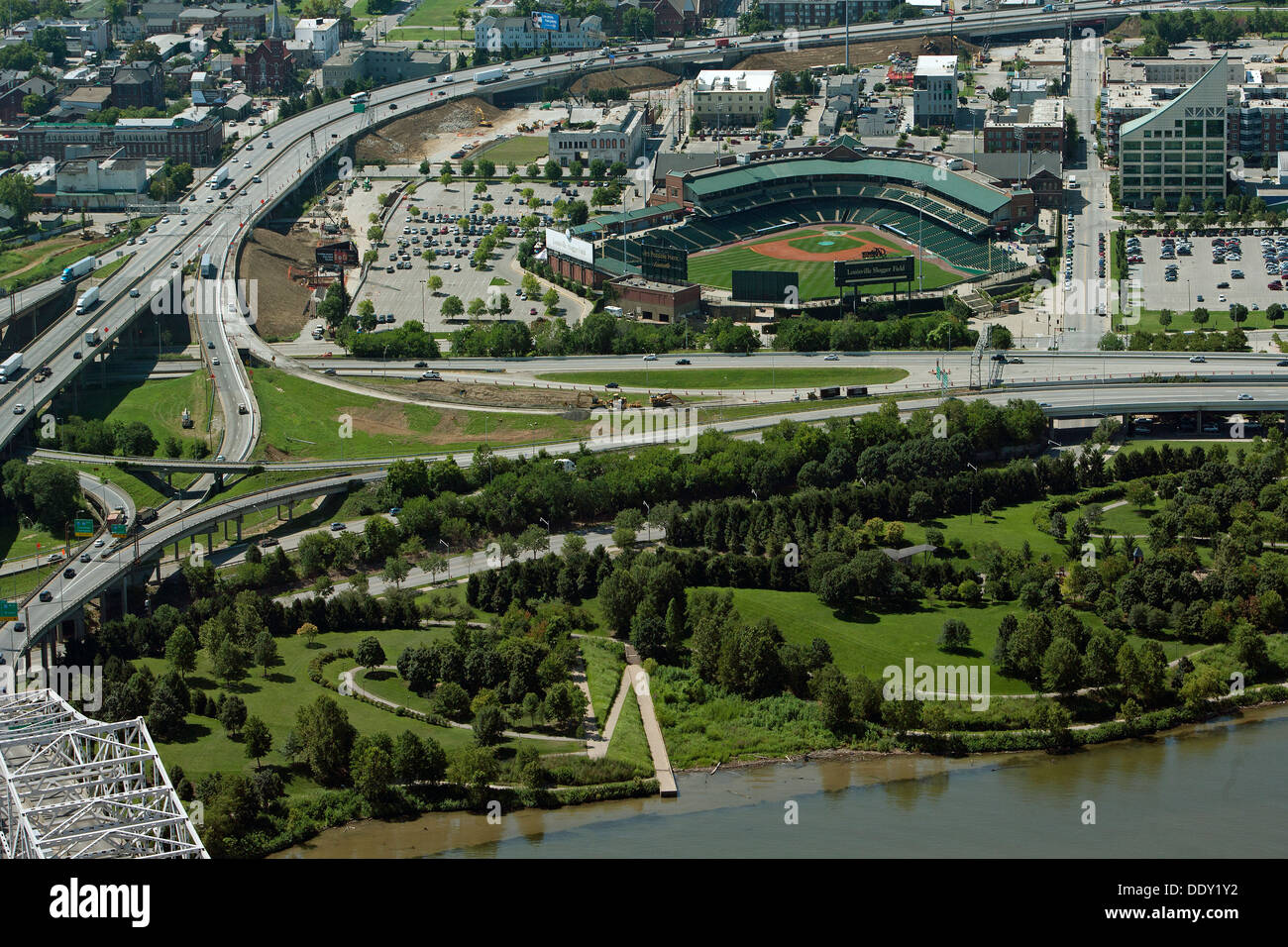 aerial photograph Louisville Riverwalk and Slugger Field, Louisville, Kentucky Stock Photo