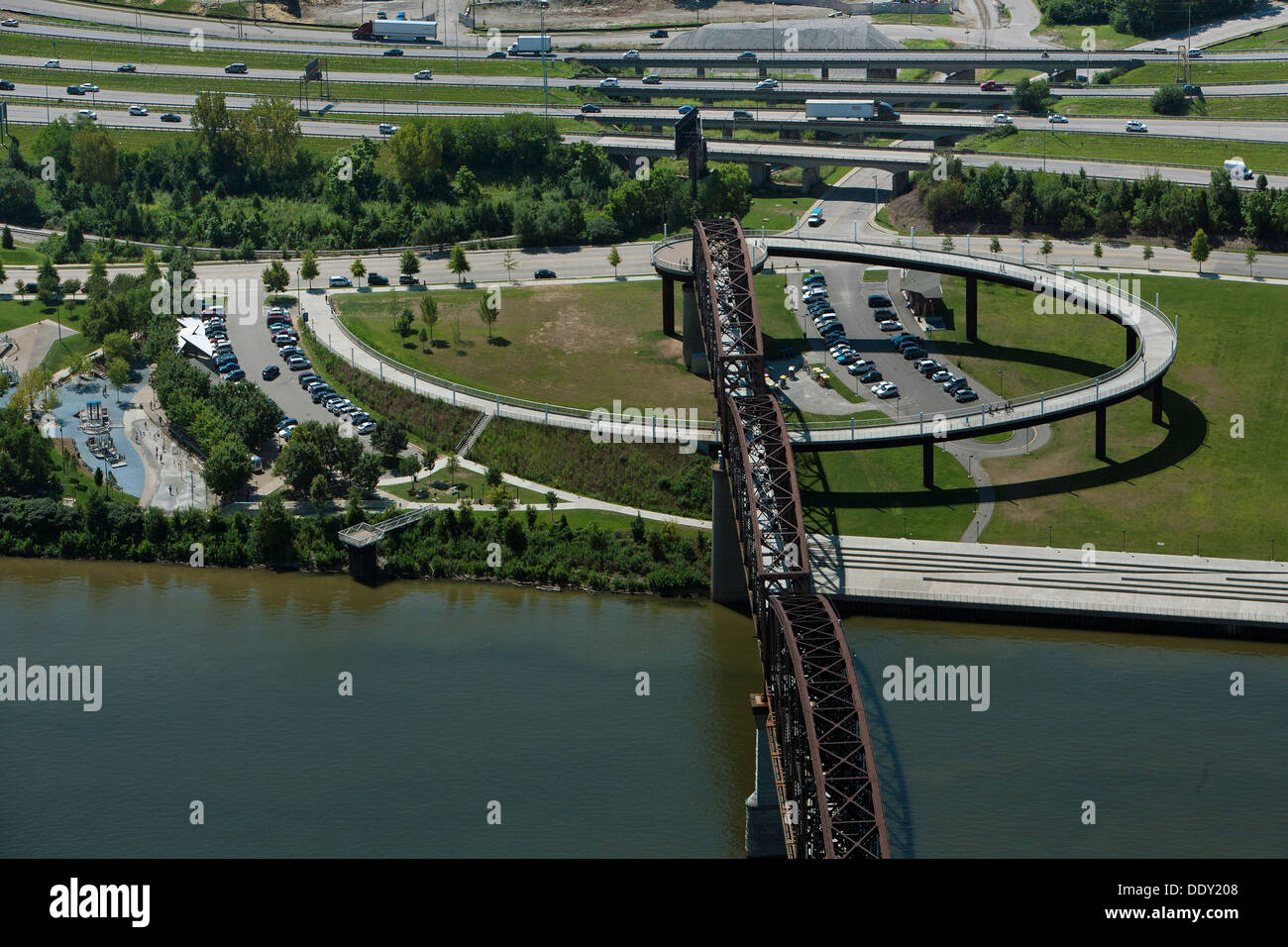 aerial photograph Louisville Riverwalk, Big Four bridge, Louisville, Kentucky Stock Photo