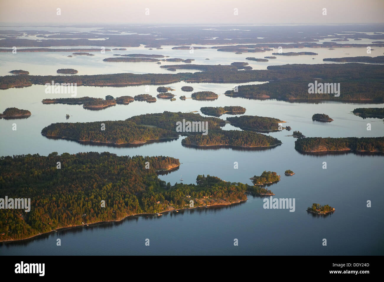 Islands in the Stockholm archipelago, sea, aerial view. Stockholm
